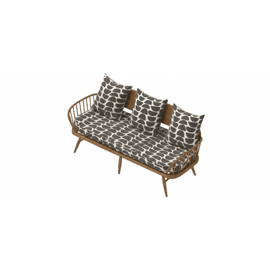 A mid-century modern style settee featuring a solid wood frame with a distinctive spindle back and integrated armrests. It is equipped with two seat cushions and three throw pillows, all upholstered in a geometric grey and white patterned fabric. The frame exhibits a natural wood finish, and the legs are tapered and splayed for stability and aesthetic appeal. The overall design suggests a blend of Scandinavian and mid-century modern influences. — 3D model (AI enhanced source)