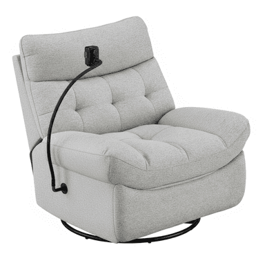 A contemporary upholstered recliner in a light grey fabric, featuring a button-tufted backrest and seat, generously padded armrests, and a black circular swivel base. An adjustable black arm with a clip-like attachment extends from the side of the chair, suggesting a holder for a device or task light. — 3D model (AI enhanced source)