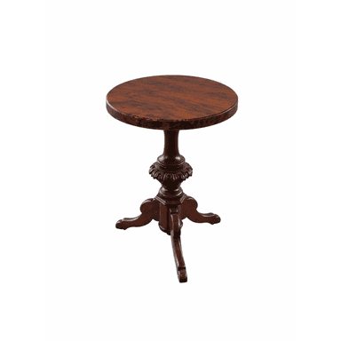 A round, dark wood pedestal table featuring a polished tabletop with visible wood grain, a turned and ornately carved central column, and three splayed, scrolled feet. — 3D model (AI enhanced source)