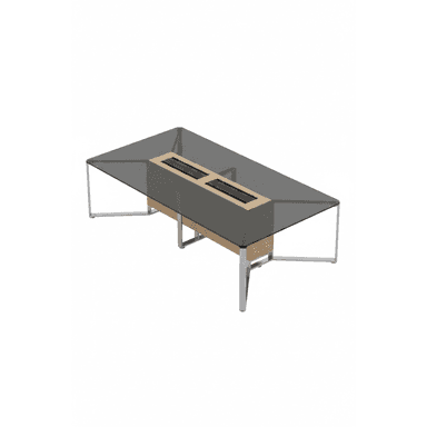 A contemporary rectangular coffee table featuring a smoked glass tabletop. The table incorporates a central light-toned wood compartment or box, which sits beneath the glass. The structure is supported by a slender chrome-finished metal frame that forms the legs and perimeter support for the glass. — 3D model (AI enhanced source)