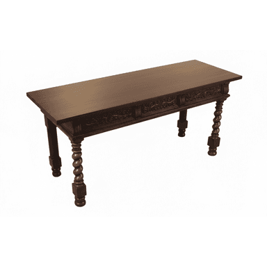 A dark brown wooden console table featuring a rectangular top, a richly carved apron, and two distinct leg styles: two ornate barley-twist legs and two straight, squared legs. The carving on the apron is intricate, depicting foliage motifs. — 3D model (AI enhanced source)