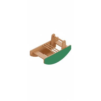 A children's wooden play rocker with a natural wood finish and a green painted accent on one side of its curved base. It features a slatted top section that can serve as a seat or climbing rungs, and integrated handles for stability. — 3D model (AI enhanced source)