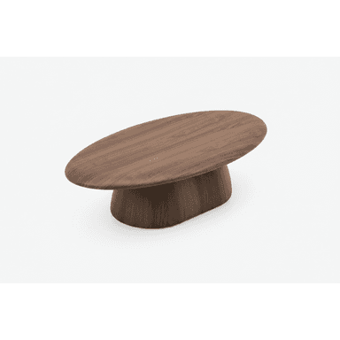 A modern sculptural coffee table made entirely of dark brown walnut wood, featuring an oval top and a solid, flared pedestal base with smooth, organic curves. — 3D model (AI enhanced source)