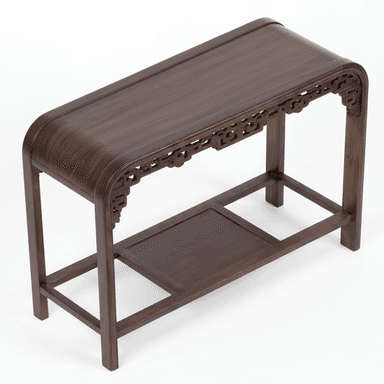 A long, narrow dark brown wooden console table featuring a rectangular top with gently curved ends and an intricately carved apron. It is supported by four straight legs and includes a lower recessed shelf. — 3D model (AI enhanced source)