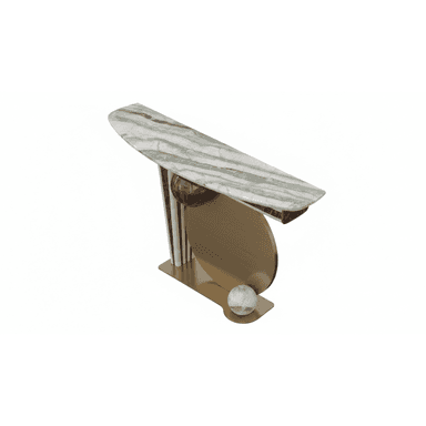 An elegant and sculptural console table featuring a grey and green veined marble top with an asymmetrical, curved edge. The base is crafted from polished gold-toned brass, forming a dynamic composition of geometric shapes, including a large circular disc, vertical ribbed elements, and a small marble sphere at its base, creating a distinctive Art Deco-inspired aesthetic. — 3D model (AI enhanced source)