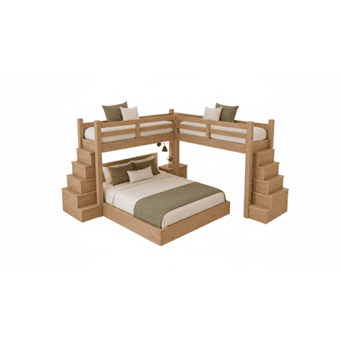 A comprehensive bed system featuring a lower platform bed, two elevated bunk beds arranged in an L-shape, and integrated stair units with storage functionality for safe access to the upper bunks. The entire structure is crafted from light-toned wood. — 3D model (AI enhanced source)