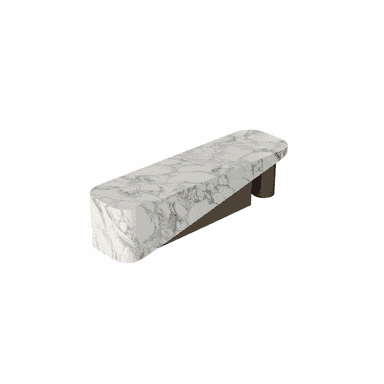 A contemporary coffee table with an elongated, oval-shaped marble top featuring a white base with prominent grey veining. The base of the table is constructed from metal and has a dark, possibly bronze or dark brown finish, with a distinctive angular, split design that supports the tabletop. — 3D model (AI enhanced source)