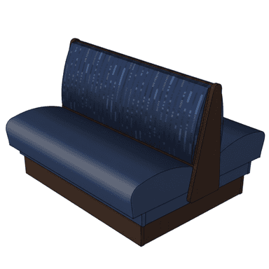 A double-sided restaurant booth with dark blue upholstered seats and a patterned blue fabric backrest. The base and backrest frame are constructed from dark brown wood. — 3D model (AI enhanced source)