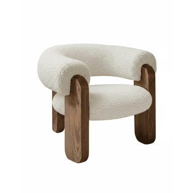 A modern lounge chair featuring a plush, U-shaped white boucle upholstery supported by a dark, rounded wooden frame and legs. The design is contemporary and inviting. — 3D model (AI enhanced source)
