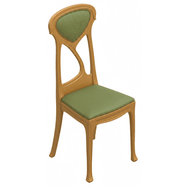 A single, armless chair featuring a distinctive Art Nouveau design. The chair's frame is constructed from wood with a metallic gilt finish, giving it a golden appearance. The backrest has an undulating, organically curved form with cutout details. Both the seat and the central panel of the backrest are upholstered in a light green material, possibly leather or faux leather, and secured with decorative nailhead trim. The backrest's upholstered section includes an embossed, stylized symbol. The legs are subtly curved, with the front legs exhibiting a more pronounced cabriole-like curve ending in small scrolled feet. — 3D model (AI enhanced source)