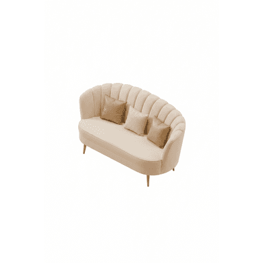 A contemporary loveseat featuring a curved backrest with prominent channel tufting, upholstered in a light beige velvet fabric, and supported by tapered gold-finished metal legs. Three decorative throw pillows are included. — 3D model (AI enhanced source)