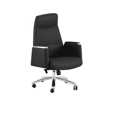 A high-back executive office chair upholstered in black synthetic leather, featuring padded armrests with chrome accents. It has a polished chrome five-star swivel base equipped with five black casters for mobility. The chair includes visible levers for height adjustment and recline control, typical of an office task chair. — 3D model (AI enhanced source)