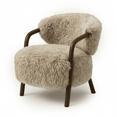 A cozy armchair featuring plush, off-white shearling or faux sheepskin upholstery that covers the seat, back, and inner arms. An exposed dark wood frame forms the outer arms, curving around to become the four tapered legs. The design emphasizes natural materials and soft textures. — 3D model (AI enhanced source)