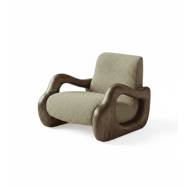 A contemporary armchair with a distinctive organic design. The frame and armrests are sculpted from dark wood, featuring fluid, curved lines. The seat and backrest are upholstered in a textured, light green fabric. — 3D model (AI enhanced source)