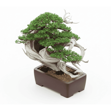 A meticulously cultivated bonsai tree with vibrant green foliage, featuring prominent aged, twisted deadwood (jin and shari) on its trunk and branches. The tree is housed in a dark brown, rectangular, low-profile ceramic pot with subtle integrated feet. Visible granular soil and small pebbles surround the base of the trunk. The overall presentation is that of a mature, artfully maintained botanical specimen. — 3D model (AI enhanced source)