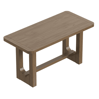 A rectangular wooden bench, rendered on a clean white background, viewed from a high angle. It features a solid, medium-brown wood top with rounded corners and a subtle grooved detail along its perimeter. The robust base consists of two H-shaped leg structures, each comprising two vertical supports connected by a horizontal stretcher. Curved wooden elements are integrated between the vertical legs and the stretcher, adding a design accent. — 3D model (AI enhanced source)