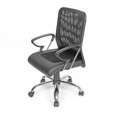 A modern swivel office chair featuring a black mesh backrest, a padded black faux leather seat, fixed loop armrests with chrome accents, and a polished chrome five-star base with casters for mobility. — 3D model (AI enhanced source)