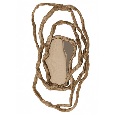 An ornate mirror with a frame resembling organic, intertwined branches or roots. The reflective surface is irregularly shaped, contained within the sculpted frame. — 3D model (AI enhanced source)
