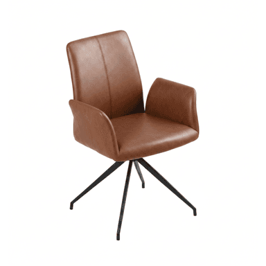 A modern armchair upholstered in brown faux leather with integrated armrests and a black metal four-star swivel base. — 3D model (AI enhanced source)