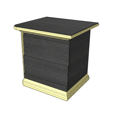 A modern two-drawer nightstand featuring a dark wood-like finish on its main body, contrasted by a lighter, possibly gold or pale wood, trim along the top and base. The top surface is flat with slightly rounded corners. The two drawers are stacked vertically and appear to be flush with the front surface, possibly indicating a push-to-open mechanism or hidden pulls. The base and top edges have decorative molding, adding a refined touch to the otherwise sleek design. The overall aesthetic suggests a contemporary yet elegant piece suitable for a bedroom setting. — 3D model (AI enhanced source)
