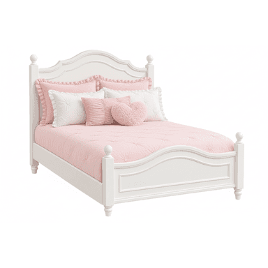 A white painted wooden bed frame featuring a gracefully curved headboard and footboard, both with recessed panel detailing. The bed includes four sturdy posts, each topped with a decorative turned finial, contributing to its classic aesthetic. The bed is shown dressed with pink and white bedding. — 3D model (AI enhanced source)