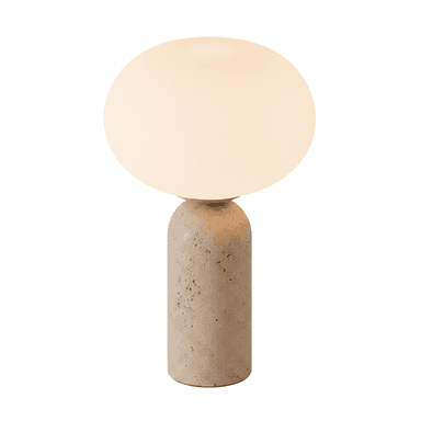 A modern table lamp featuring a cylindrical base made of textured, light-colored travertine, topped with a large spherical opaque white glass diffuser that emits a soft, ambient light. The design is minimalist and sculptural. — 3D model (AI enhanced source)