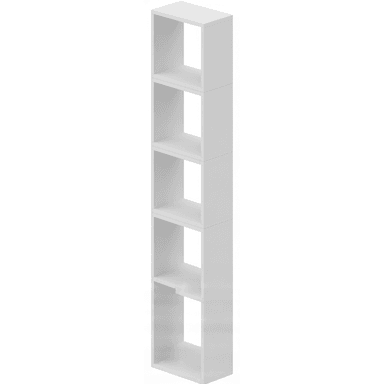A tall, narrow, white shelving unit with five open cubby compartments, designed for vertical storage and display. — 3D model (AI enhanced source)
