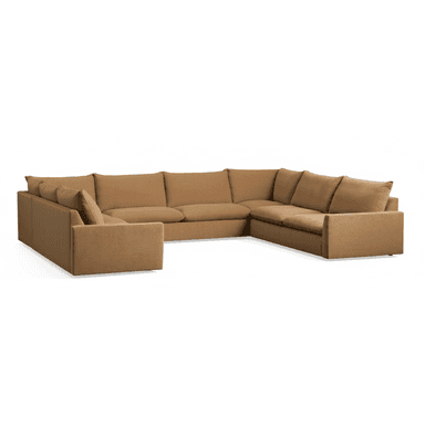 A large, U-shaped sectional sofa upholstered in a neutral brown/tan fabric. The sofa features a low-profile design with thick, plush seat cushions and supportive back cushions. Its arms are wide and flat, maintaining a clean, contemporary aesthetic. The modular construction allows for a sprawling seating arrangement suitable for multiple occupants. — 3D model (AI enhanced source)