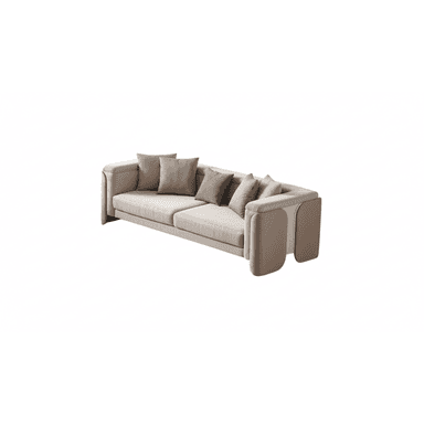 A modern three-seater sofa upholstered in a light beige textured fabric. It features broad, structured armrests with distinctive cut-out sections lined with a contrasting, subtly textured material, possibly leather or faux leather, which could serve as integrated shelves or display areas. The sofa has a low-profile design with clean lines and is accompanied by several scatter cushions in varying shades of beige and brown, some with textured patterns. — 3D model (AI enhanced source)