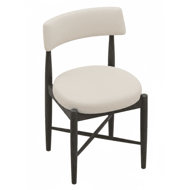 An armless chair featuring a dark stained wooden frame with a curved upholstered backrest and a round upholstered seat. The chair has four tapering legs reinforced by a stretcher base. — 3D model (AI enhanced source)