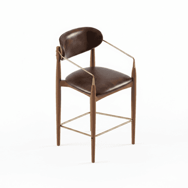 A modern bar stool featuring a rich brown wooden frame, dark brown leather upholstery for the seat and backrest, and elegant brass accents that form the armrests and footrest. The design incorporates tapered legs and a gently curved back. — 3D model (AI enhanced source)