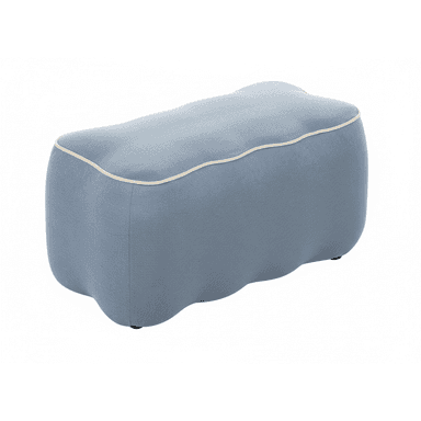 An organically shaped ottoman upholstered in a light blue textured fabric, featuring prominent cream-colored contrast piping along its top edge. The piece has a soft, curvilinear form suggesting a contemporary design aesthetic. — 3D model (AI enhanced source)