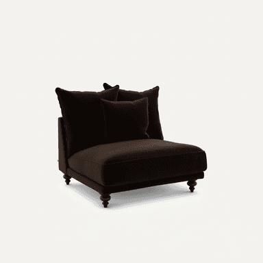 A plush, dark brown armchair with a low profile and three loose back cushions. The armchair features a sturdy frame with four turned wooden legs. The upholstery appears to be a soft fabric, possibly velvet or velour. — 3D model (AI enhanced source)