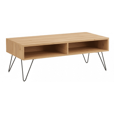 A rectangular coffee table featuring a light-toned oak wood top and frame, supported by black metal hairpin legs. The tabletop structure includes two open storage cubbies, divided by a central vertical panel. The design combines minimalist and industrial aesthetics. — 3D model (AI enhanced source)