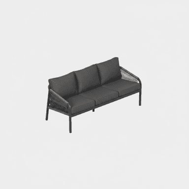 A modern outdoor three-seater sofa featuring a dark grey powder-coated metal frame and woven rope detailing on the armrests and backrest. It is equipped with three plush, removable dark grey fabric seat cushions and three matching back cushions, suggesting comfort suitable for exterior living spaces. The design is sleek and contemporary. — 3D model (AI enhanced source)