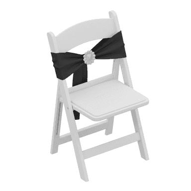 A white folding chair, rendered in a 3D style, featuring a padded seat. The backrest is adorned with a black decorative sash, tied into a bow, and secured with a silver or clear jeweled buckle. The chair itself is constructed with a slatted backrest design and appears to be made from painted wood or a similar composite material. — 3D model (AI enhanced source)
