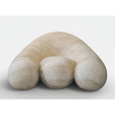A sculptural low lounge chair made from light-colored, veined travertine stone. It features a continuous, organic U-shaped or horseshoe-shaped form that serves as the back and arms, integrating with a central, spherical seat component. The design emphasizes rounded, voluminous shapes and the natural patterns of the stone. — 3D model (AI enhanced source)