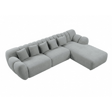 A large, L-shaped sectional sofa upholstered in light gray fabric, featuring a distinctive contemporary design with rounded, vertically ribbed backrests and armrests. The sofa is composed of multiple modules, including a prominent chaise lounge extension, and comes with matching throw pillows. — 3D model (AI enhanced source)