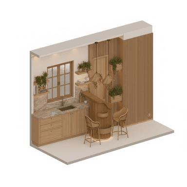 A modern kitchen scene rendered in an isometric perspective. The scene features a modular kitchen unit with wooden cabinets, a marble countertop, a sink, and a window. Adjacent to the kitchen unit is a curved bar with two rattan bar stools. The space is decorated with hanging pendant lights and several potted plants, adding a touch of biophilia. The walls are a mix of wooden paneling and a plain backdrop, with integrated lighting. — 3D model (AI enhanced source)
