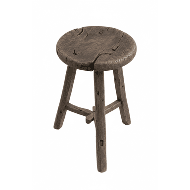 A rustic, round-top stool with three legs. The stool is constructed from weathered wood and shows signs of age, including cracks and a worn finish. The legs are roughly shaped and attached to the seat, with an additional wooden brace connecting two of the legs near the bottom. — 3D model (AI enhanced source)