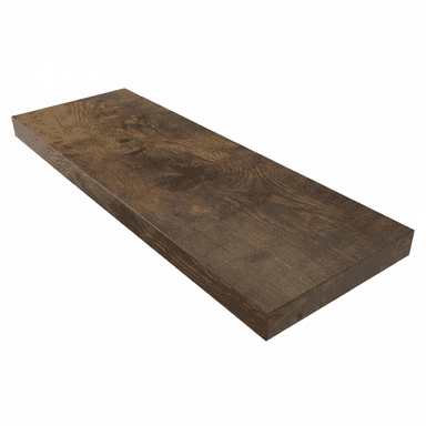 A rectangular floating wall shelf featuring a distressed dark brown wood-look finish. The surface exhibits a prominent wood grain texture, mimicking aged solid wood. The shelf has clean, straight edges and a consistent thickness, designed for contemporary or rustic interiors. — 3D model (AI enhanced source)