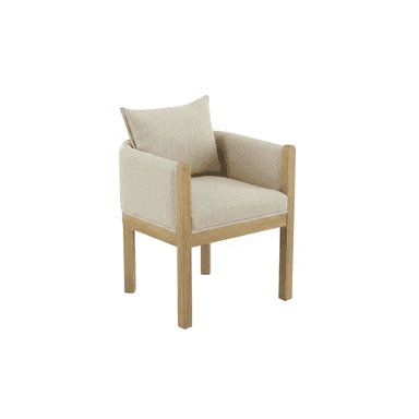 A contemporary armchair featuring an exposed light wood frame, complemented by a light beige upholstered seat cushion and a matching back cushion. The design is characterized by clean, straight lines, square armrests, and sturdy legs. — 3D model (AI enhanced source)