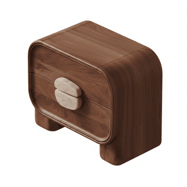 A compact, rectangular nightstand or side cabinet crafted from dark, grain-rich wood, featuring softly rounded corners and edges. It includes two drawers with unique, organic-shaped stone pulls. The design is contemporary with a natural aesthetic. — 3D model (AI enhanced source)