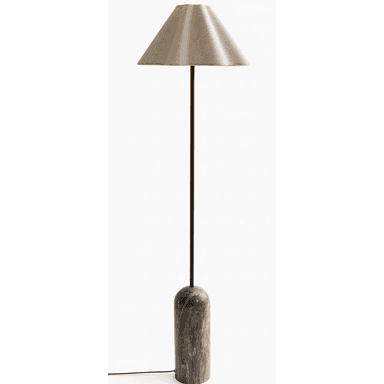 A contemporary floor lamp featuring a robust, cylindrical marble base, a slender black metal stem, and a distinctive conical shade made from a textured, beige textile. The lamp exhibits a minimalist yet elegant aesthetic, suitable for modern interiors. The power cord exits neatly from the base. — 3D model (AI enhanced source)