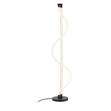 A contemporary floor lamp featuring a slender black vertical pole from which a flexible, illuminated LED strip spirals upwards. The lamp is supported by a flat, circular black base and includes a black power cord emerging from the base. The LED strip emits a warm white light, defining a dynamic, sculptural form around the central axis. — 3D model (AI enhanced source)