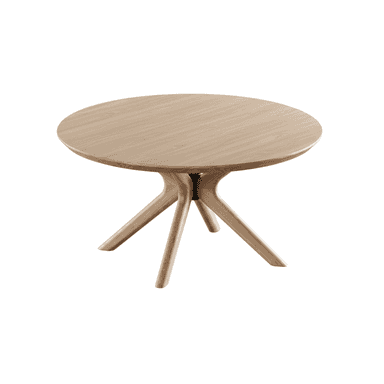 A modern round side table featuring a light-toned wooden tabletop and a sculptural base composed of multiple splayed wooden legs. The legs converge towards the center underneath the top, creating a stable and visually appealing structure. — 3D model (AI enhanced source)