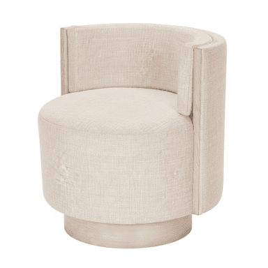 A contemporary swivel barrel accent chair featuring a fully upholstered body in light cream textured fabric, with exposed light-toned wood trim along the armrests and a matching cylindrical swivel base. — 3D model (AI enhanced source)