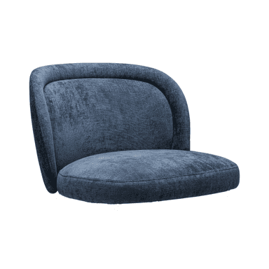 An armless, low-back chair, fully upholstered in a deep blue, textured fabric. The seat and backrest are seamlessly integrated with rounded edges, presenting a modern and minimalist aesthetic. The chair lacks visible legs or a base, focusing solely on the upholstered components. — 3D model (AI enhanced source)