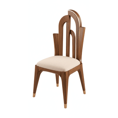 A contemporary dining chair featuring a rich walnut wood frame and a cream-colored upholstered seat. The backrest is distinctive with multiple arched, vertical wooden slats, one of which is adorned with a brass trim. The chair has four tapered legs, each tipped with a brass ferrule. — 3D model (AI enhanced source)