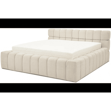 A contemporary platform bed featuring a low-profile design and fully upholstered frame and headboard with distinctive vertical channel tufting, rendered in a light beige textured fabric. — 3D model (AI enhanced source)